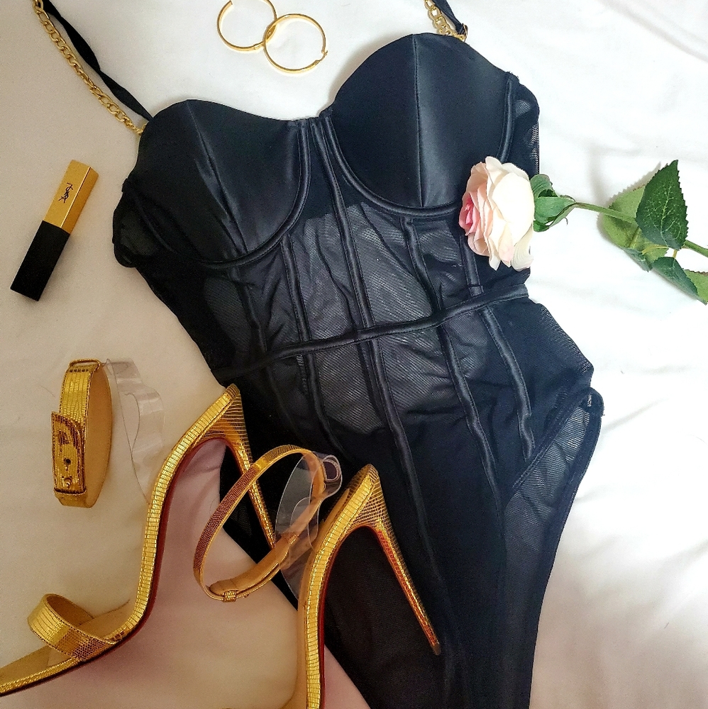 Brand new black mesh body suite with gold chain straps